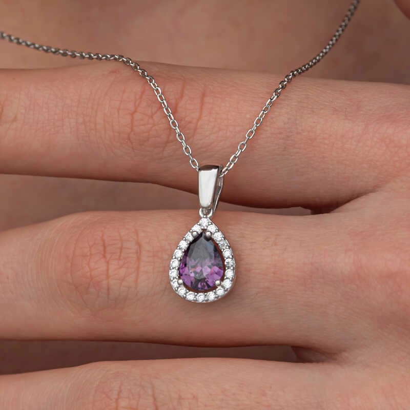 Gümüş Damla Mor Taşlı Kadın Kolye
