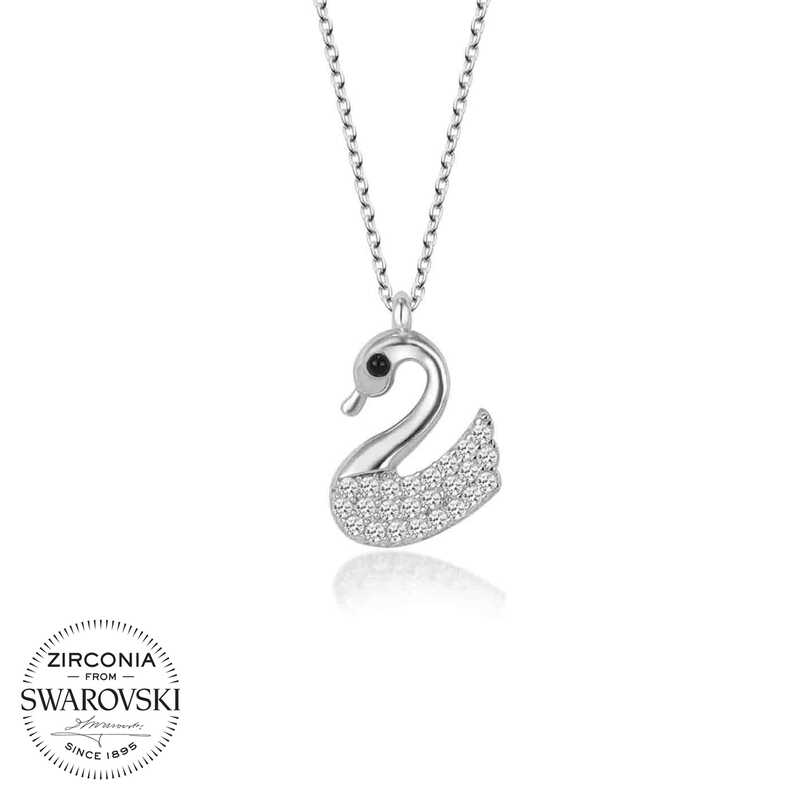 Swarovski Taşlı Gümüş Kuğu Bayan Kolye